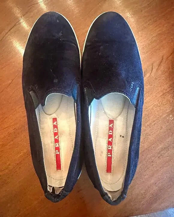 PRADA Black Suede Slip-On Casual Shoes Logo Round Toe US 39