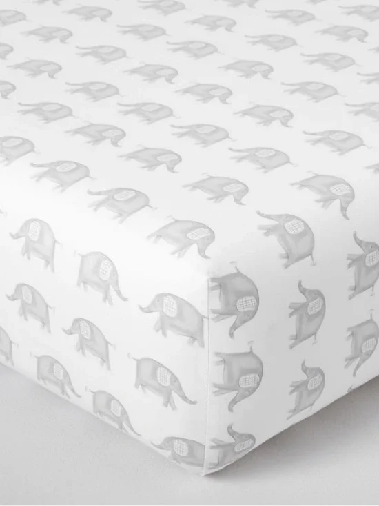 Pottery Barn Kids Gray Elephant Pattern Crib Fitted Sheet - White & Gray