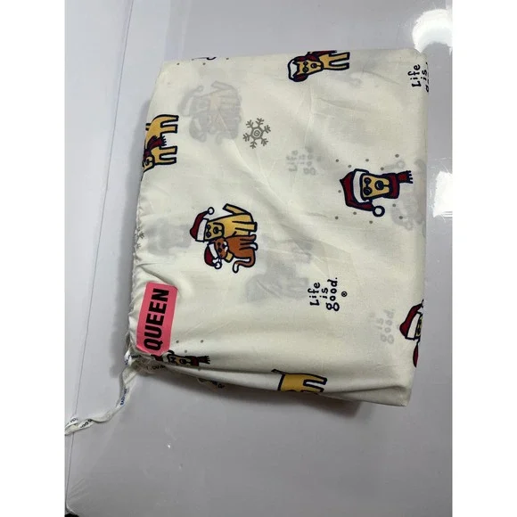 Life is Good Sheet Set Queen White Cotton Christmas Holiday Dog Cat Snowflake