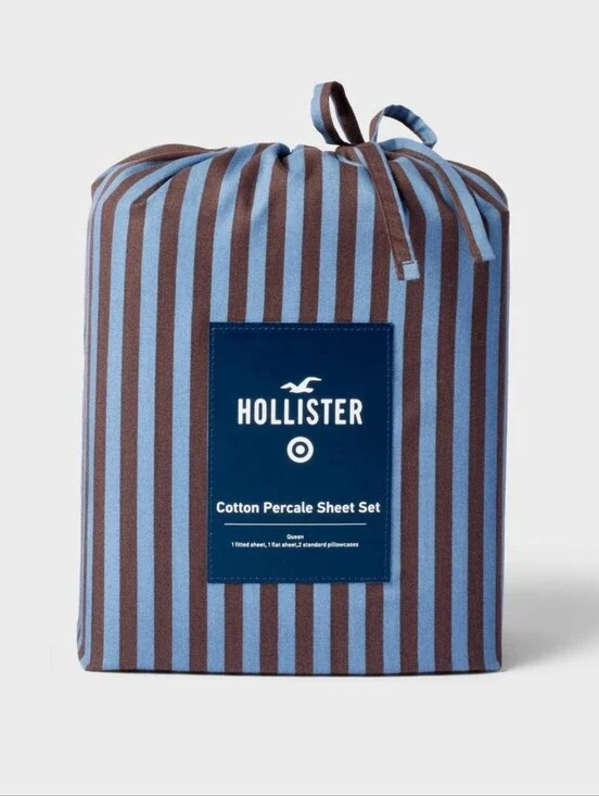 QUEEN Hollister Target Percale Stripe Sheet Set Blue/ Brown