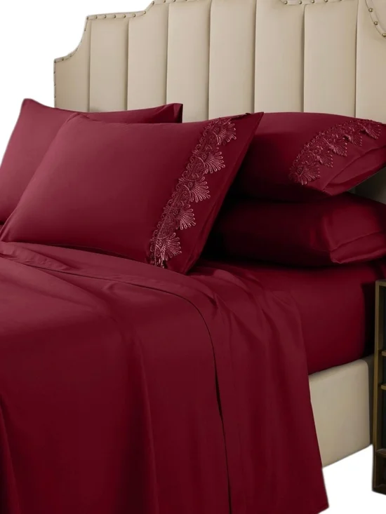 Embroidered Deep Red Sheet Set for Elegant Bedding
