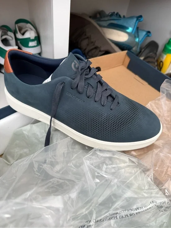 Cole Haan Navy Perforated Nubuck Sneaker with Tan Heel Accent (NIB)