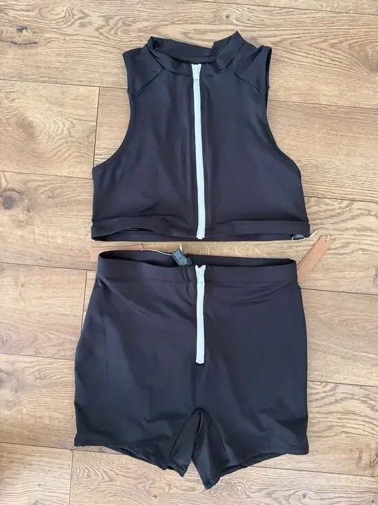 SKIMS Sporty Zipper Swim Mock Neck Top and Swim Short Set Onyx Size M
