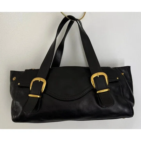 Vintage Michael Kors Black Leather Shoulder Bag with Gold Buckles