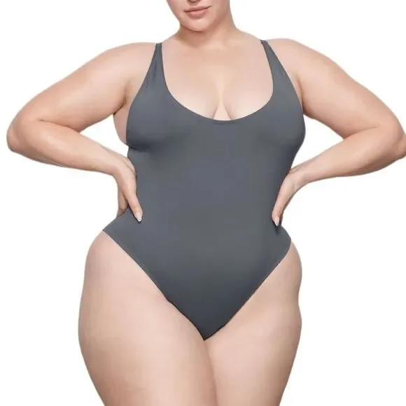 NWT SKIMS Signature Swim Scoop Neck One Piece Swimsuit In Gunmetal Gray