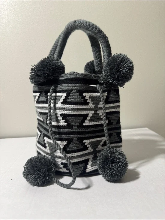 Wayuu Handwoven Black & White Pom-Pom Bucket Bag