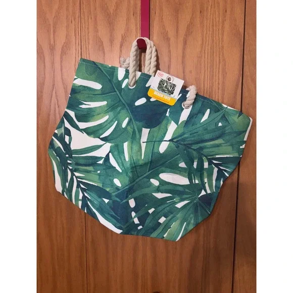 Summer's Eve Beach Tote Tropical Monstera Leaf Print Rope Handle‎ Canvas Bag NWT