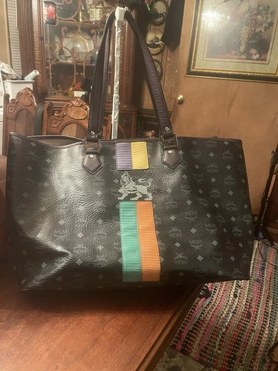 MCM Black Coated Canvas Lion Stripe Tote Bag X Large Designer Handbag Purse