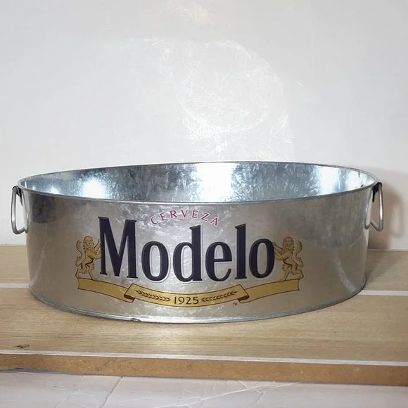 Modelo Cerveza Beer Bucket Galvanized Metal Ice Tub Barware Silver 12in