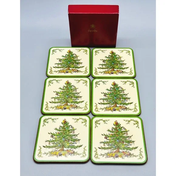 Spode Christmas Tree Coaster Cork Backed Set of 6 Green Trim Box England Vintage