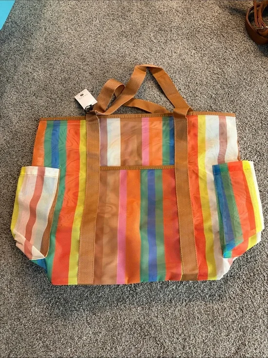Striped Rainbow Tote Bag with Brown Straps