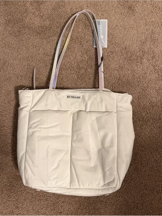 Bowery Quatro Tote Bag in White with Iridescent Straps