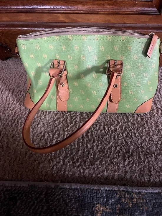 Vintage Dooney & Bourke Green Tote with Tan Trim