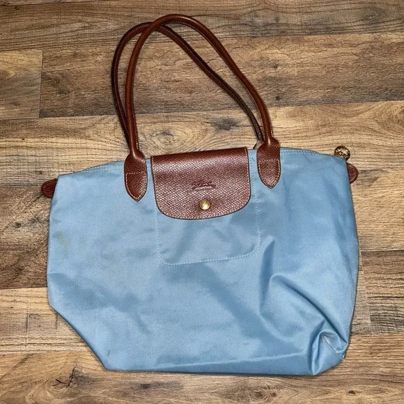 Longchamp Le Pliage Shopper Shoulder Bag Light Blue Nylon Tote 15x10 inch
