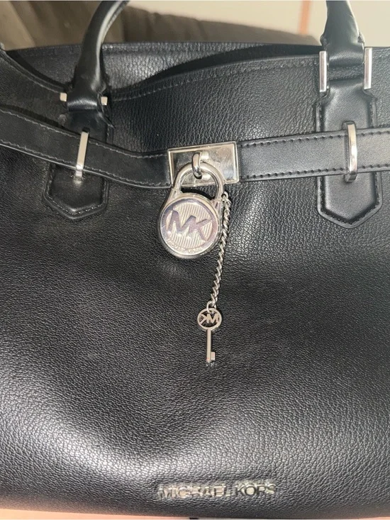Michael Kors Black Leather Tote with MK Key Charm