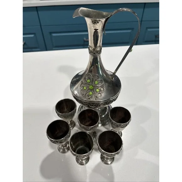 Vintage Persian Wine Decanter With Inset Stones; 6 Shot Glasses
