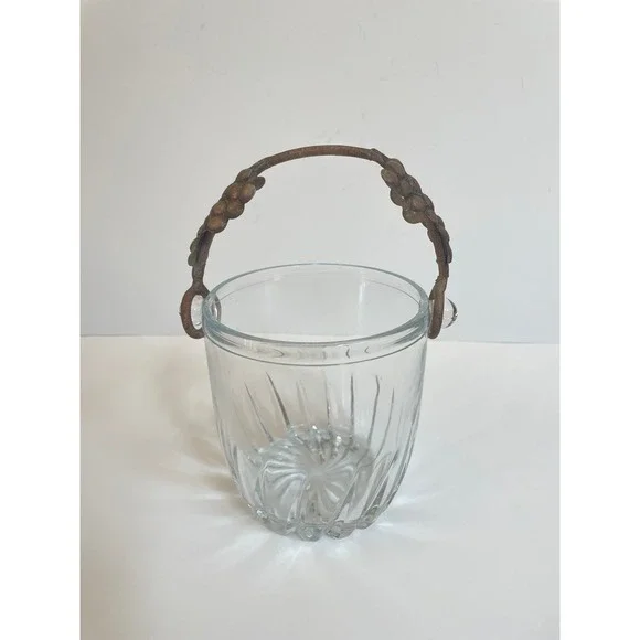 Vintage Clear Swirl Glass Ice Bucket with Grape &‎ Vine Metal Handle Barware