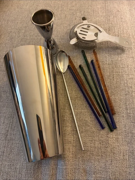 Vintage Barware: Stainless Steel Shaker, Jigger, Strainer, Spoon; Glass Stirrers