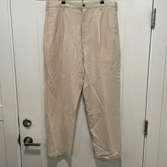 Chaps Ralph Lauren Mens Beige Linen‎ Cotton Pleated Dress Pants Trousers 36x30