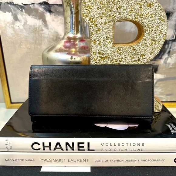 Celine Large Flap Black Leather Wallet with Flap Snap Closure HOST PICK