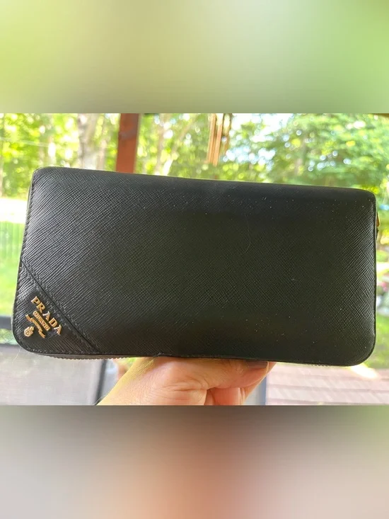 Prada Black Leather Saffiano Zip Around Long Wallet