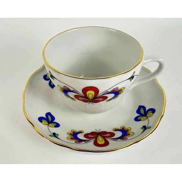 Porsgrund Farmer's Rose Demitasse Cup & Saucer Norway Porcelain Gold Trim
