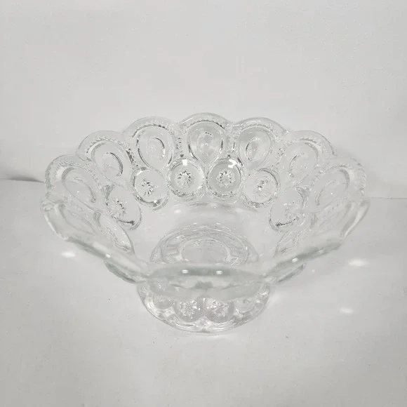 Vintage L.E. Smith Moon And Stars Clear Glass Pedestal Bowl Scalloped Edge 7
