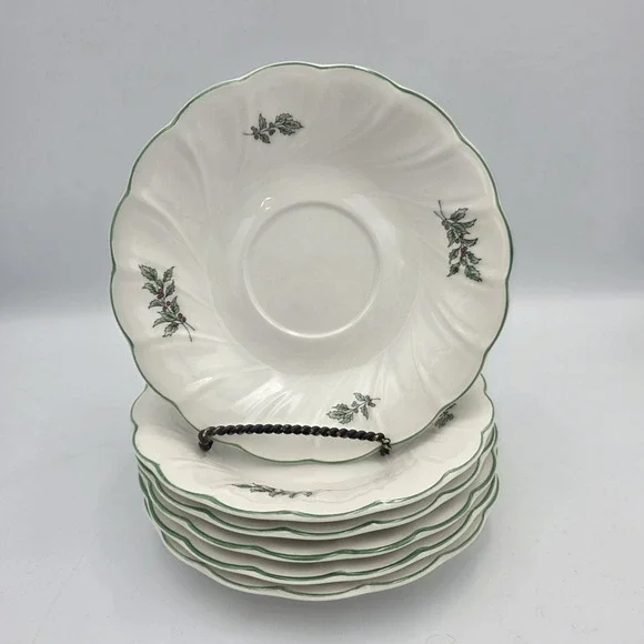 Nikko Happy Holidays Christmas Set of 6 Saucers Porcelain Holly Berry Japan Vtg