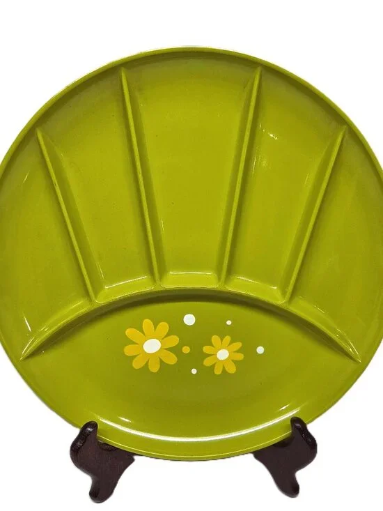 Vintage Takahashi Green Daisy Melamine Plate Divided Sushi Fondue 9
