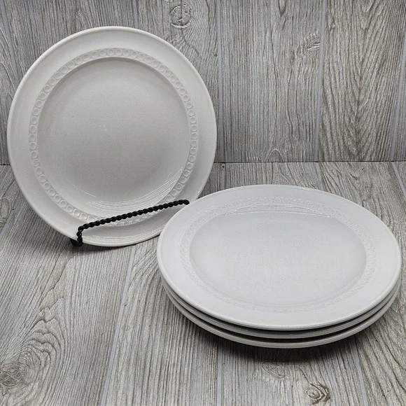 Shenango China White Cream Dinner Plates Set of 4 Embossed Circle Dot Rim