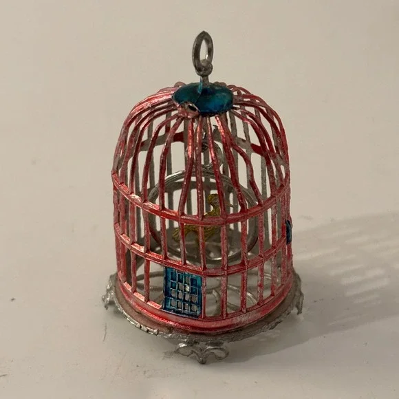 VTG Antique German Dollhouse Miniature Bird Cage Soft Metal Spelter Canary