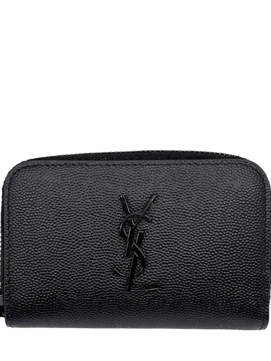 Yves Saint Laurent Monogram Logo Grained Leather Zip Coin Purse Black