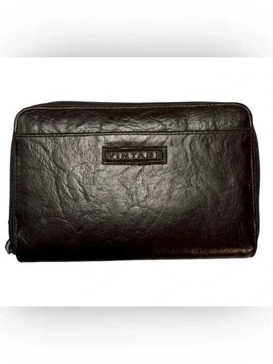 Vintage Brown Leather Zip-Around Checkbook Wallet Organizer