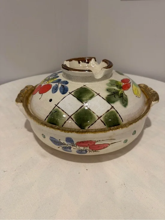 Vintage 14” Japanese Donable Rice (Casserole) Cooker Clay Pot Hand painted