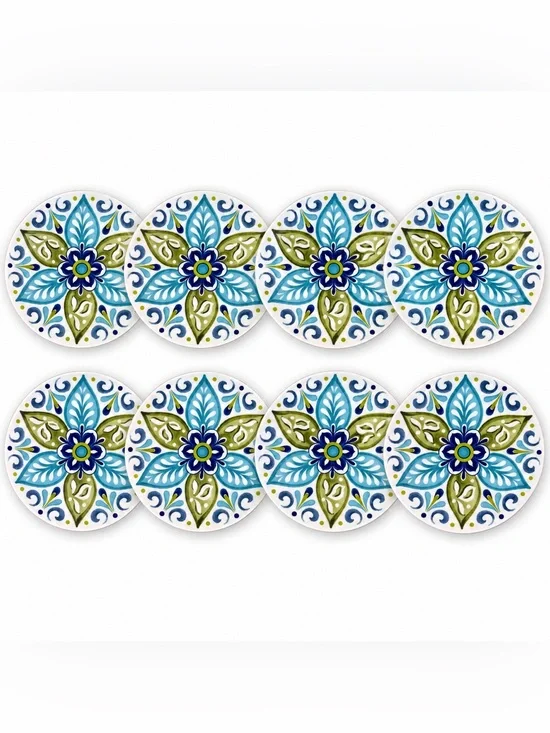 Nicole Miller Melamine Appetizer Dessert Plates 6.75” Set of 8 Blue Green Floral