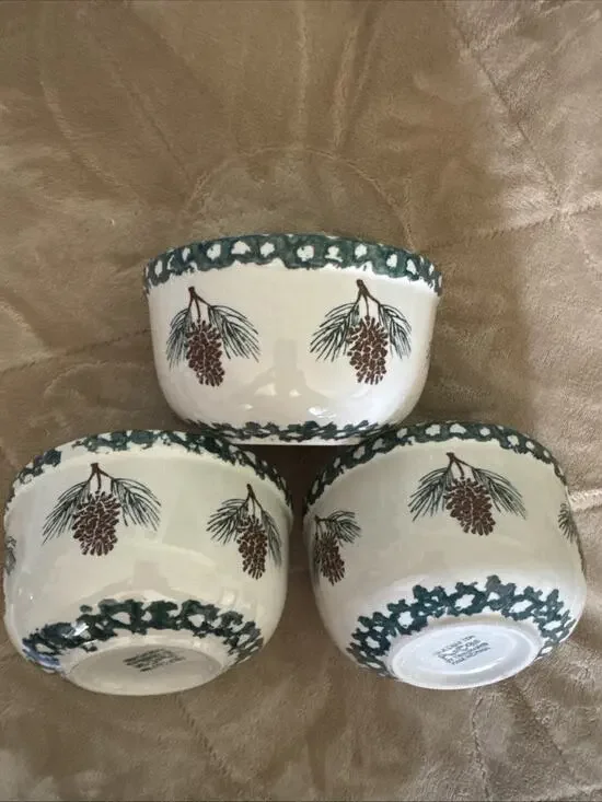 Tienshan Folk Craft Soup/Cereal Bowls Pine Cone Stoneware Spongeware Set Of 3