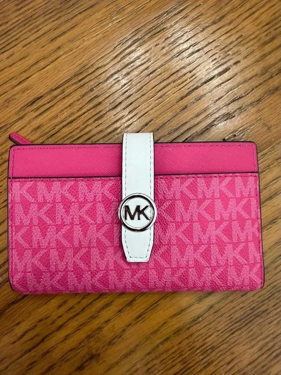 NWOT Michael Kors Pink MK Signature Wallet with White Strap