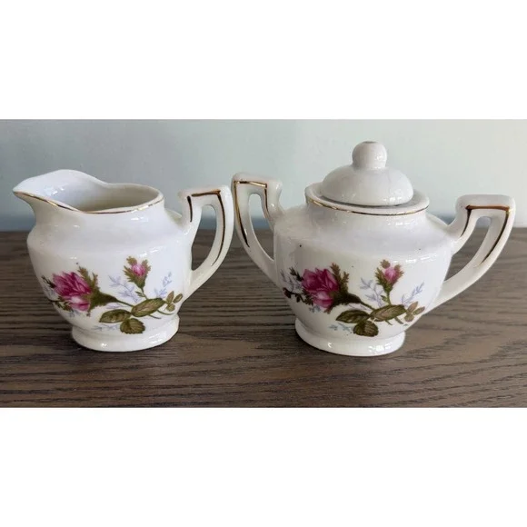 Vintage Japan‎ Floral Sugar Bowl Creamer Set Gold Trim Pink Roses Cottage