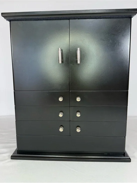 Lori Greiner Black Wood Jewelry Box Armoire Organizer Swing-Out Doors & Mirror