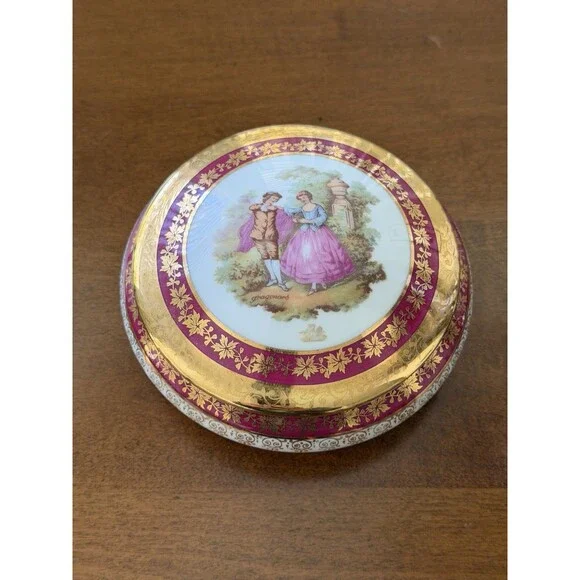Antique French Limoges Fuchsia Pink Gold Porcelain‎ Vintage Dresser Trinket Box