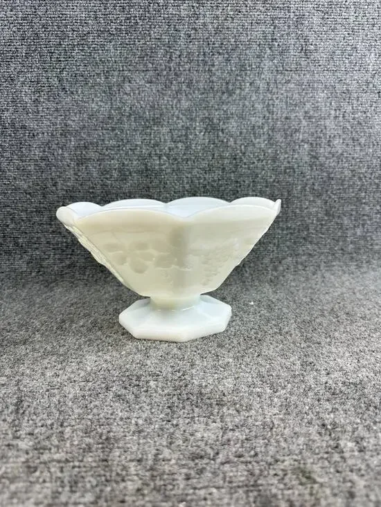 Milk Glass Pedestal Bowl Scalloped Edge Decorative Serving Dish