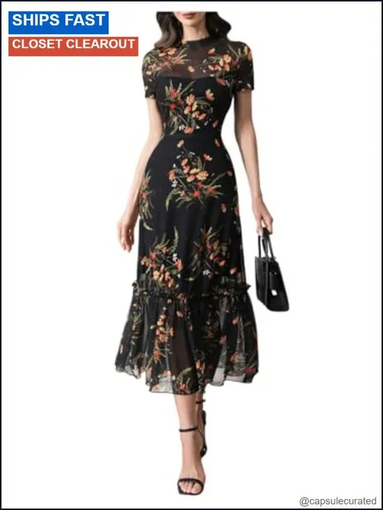 Verdusa Floral Mesh Overlay Bodycon Dress with Mock Neck and Ruffle Hem