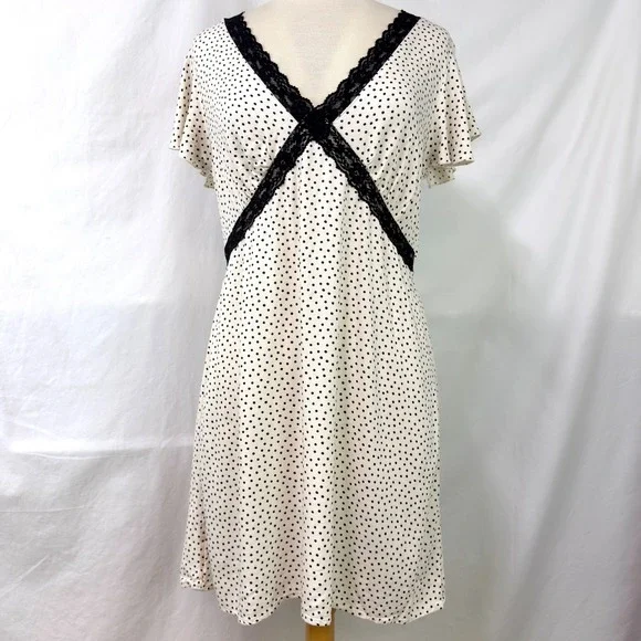 OLD NAVY Cream Black Polka Dot Lace Babydoll Empire Waist Mini Dress M Coquette