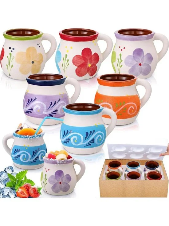 Set of 6 Mexican Terracotta Clay Mugs - 12 oz Rustic Drinkware for Home Decor