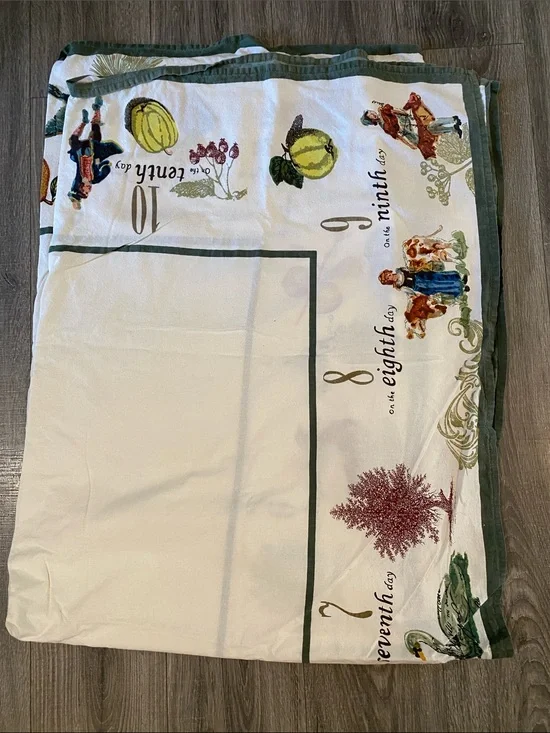 Vintage Williams Sonoma 12 Days of Christmas Green Border Tablecloth 72x100