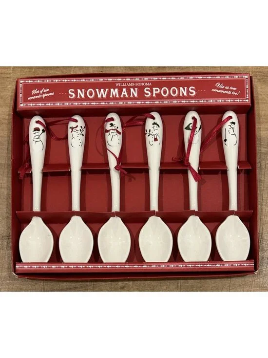 Williams-Sonoma Snowman Ceramic Spoons Set Of 6 White Tree Ornaments Christmas