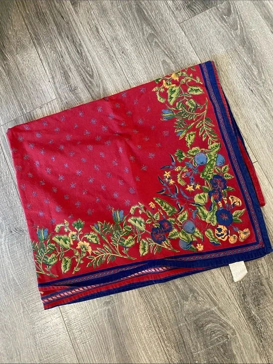 Vintage Williams Sonoma Provence Red Floral Border Tablecloth with Blue Trim