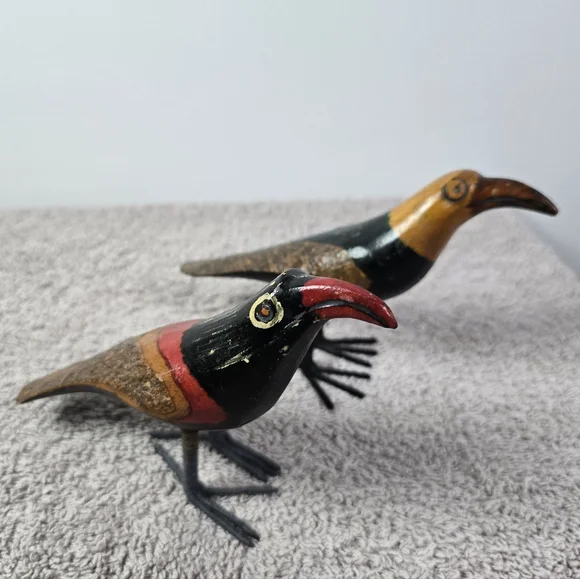 Handcrafted Wooden Bird Figurines - Red, Black, Brown