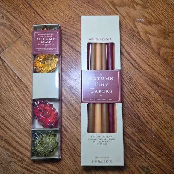 Williams Sonoma Autumn Leaf Taper Holders & 12 Tiny Candles Fall Decor 2008 NIB