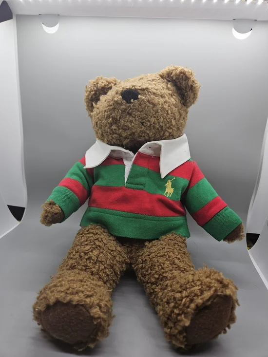 2005 Ralph Lauren Teddy Bear Plush Green Red Rugby Stripe Polo Shirt 14
